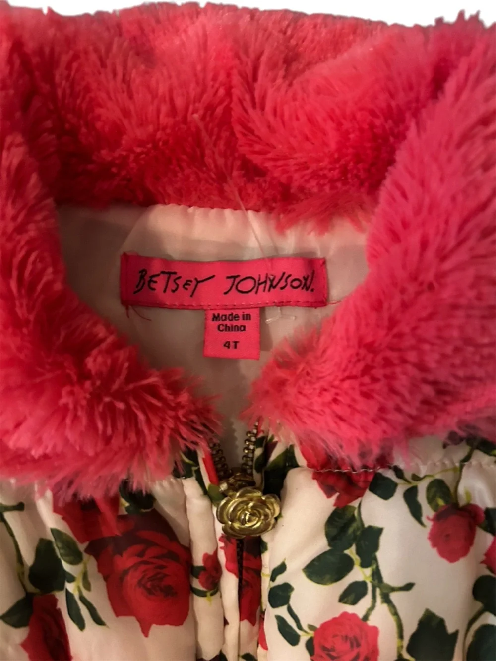 Betsey Johnson Pink Faux Fur Trim Floral‎ Puffer Vest